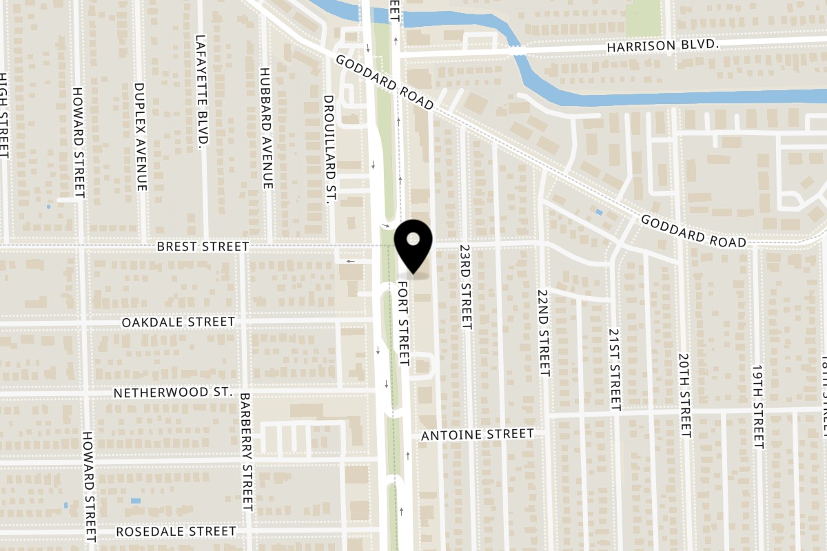 Map showing the location of MT's Pizza King on 1231 Fort St in Wyandotte